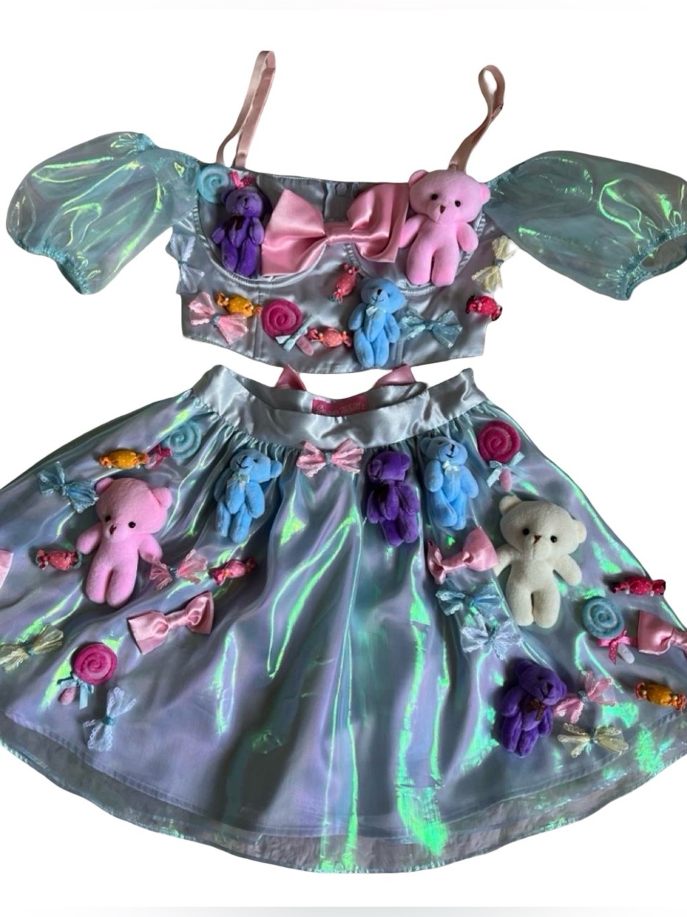 Sugar Thrillz Iridescent Teddy Bear and Candy 2 pc set- Top & Skirt XS
